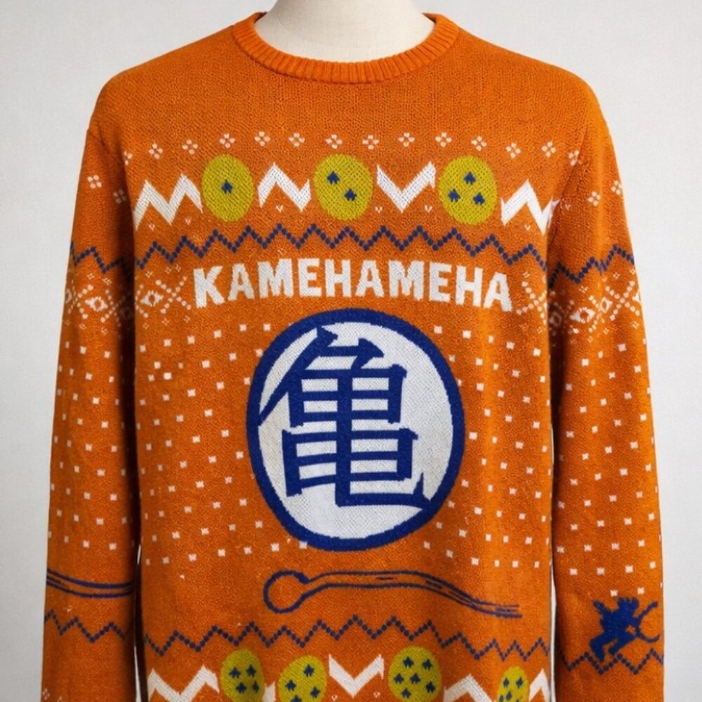 BoxLunch Dragon Ball Z Kamehameha Ugly Christmas Sweater – Orange Anime Knit